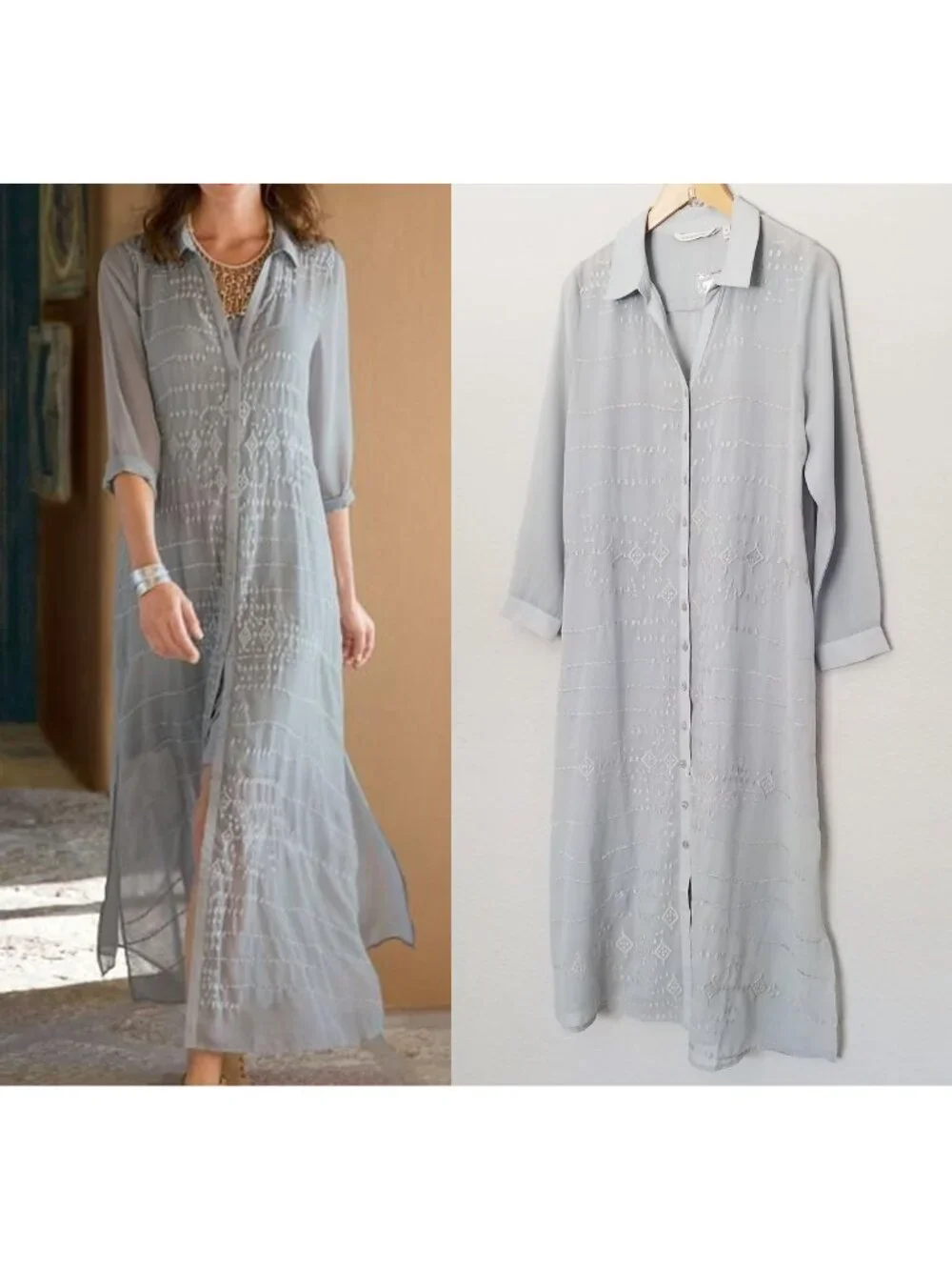 Soft Surroundings Ibiza Maxi Dress L Petite Georgette Sheer Embroidery No Slip